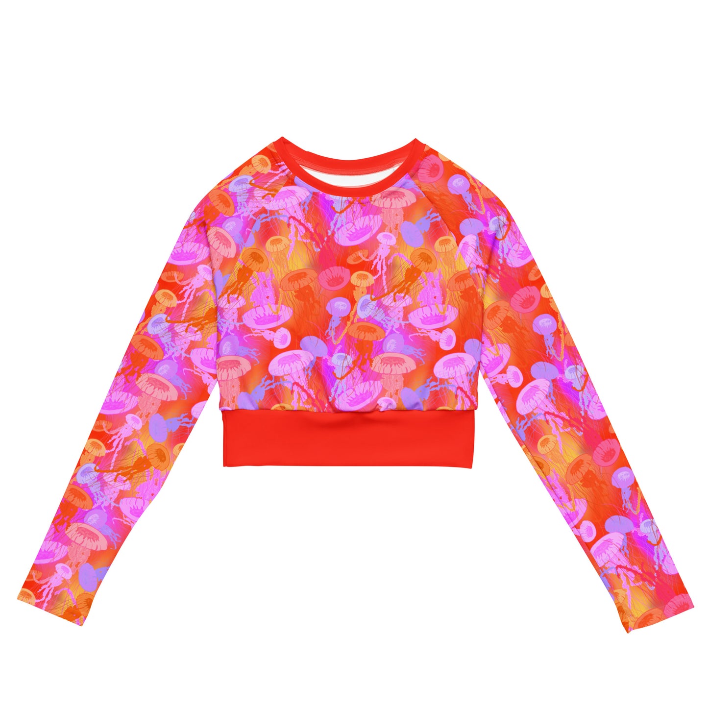 Pacific sea nettle jellyfish with shades of red, orange pink and purple on a cropped rashguard made with recycled fabric.