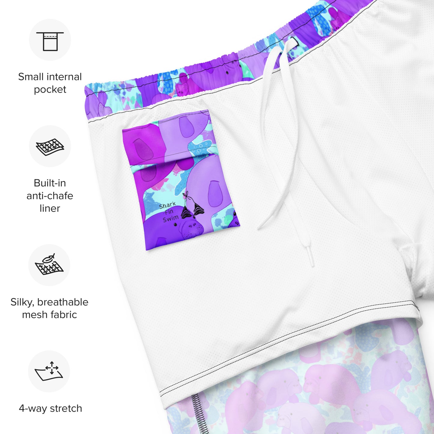 Purple manatees on a blue background of a sustainable swim trunks made with recycled fabric