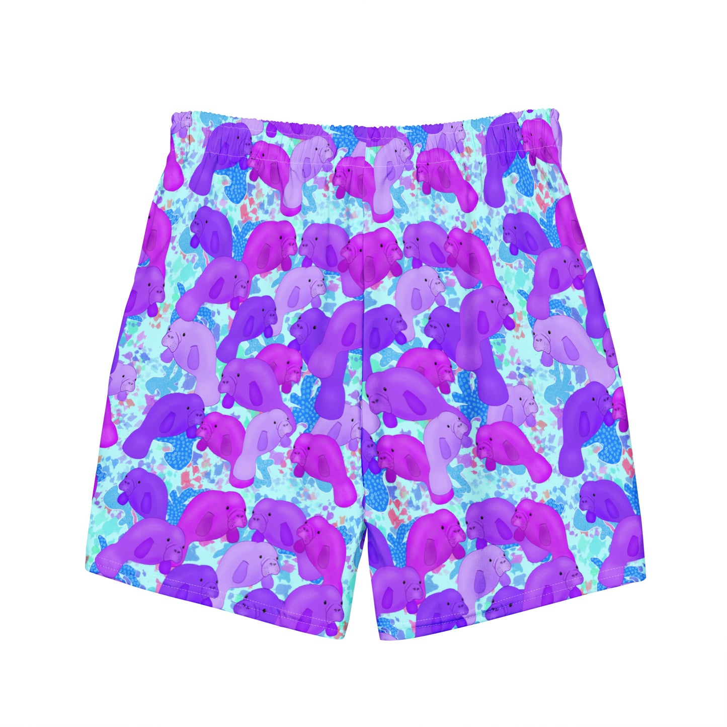 Purple manatees on a blue background of a sustainable swim trunks made with recycled fabric