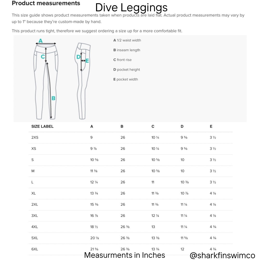 Dive leggings product measurement guide