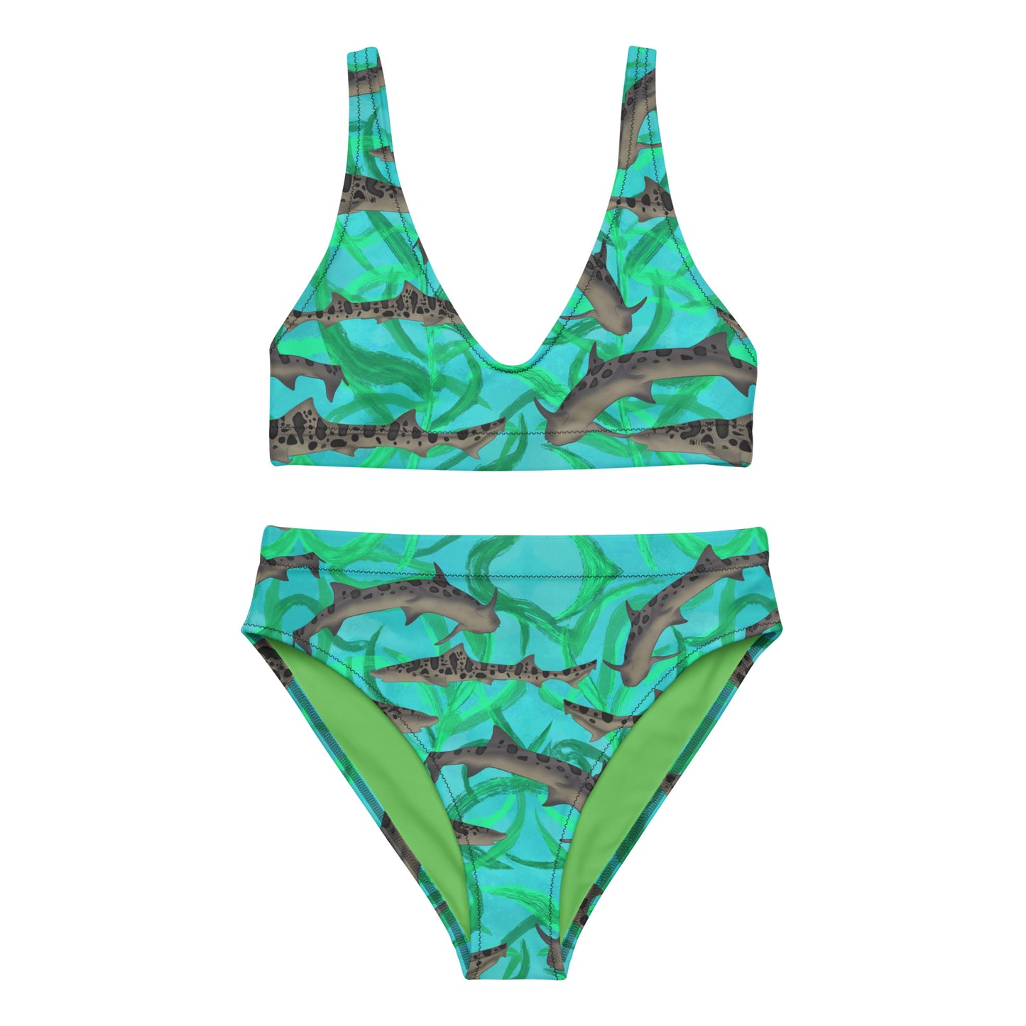 Leopard sharks on our blue and teal high waisted bikini made with recycled fabric