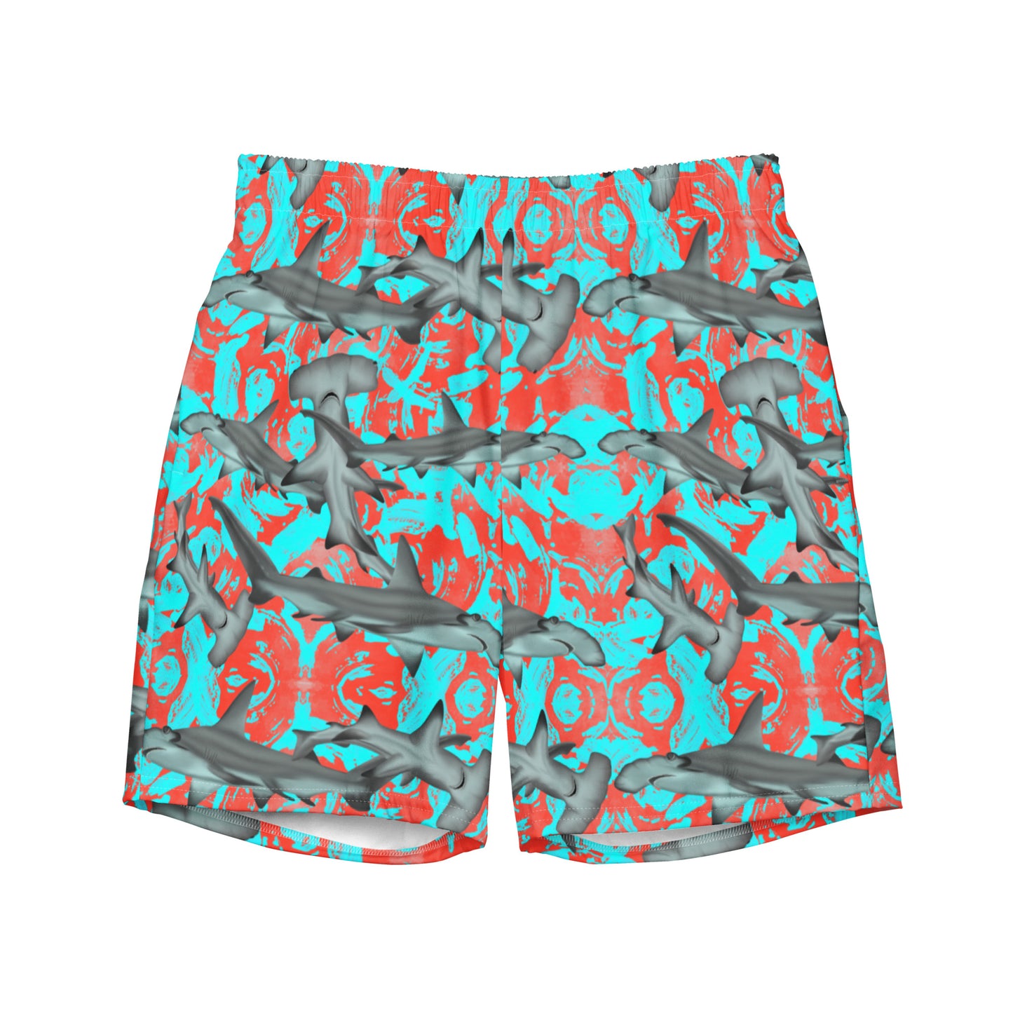 Fin & Fierce Hammerhead sustainable swim trunks blue and red background