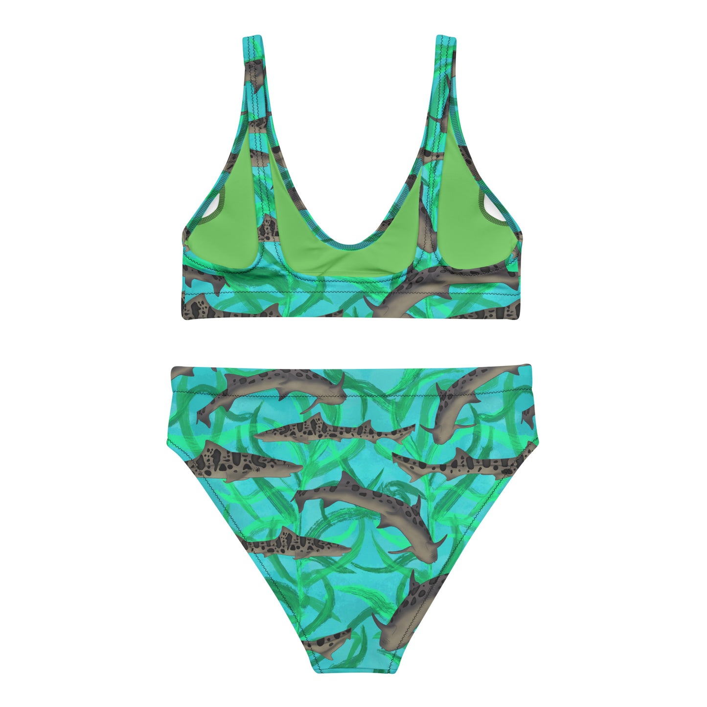 Leopard sharks on our blue and teal high waisted bikini made with recycled fabric