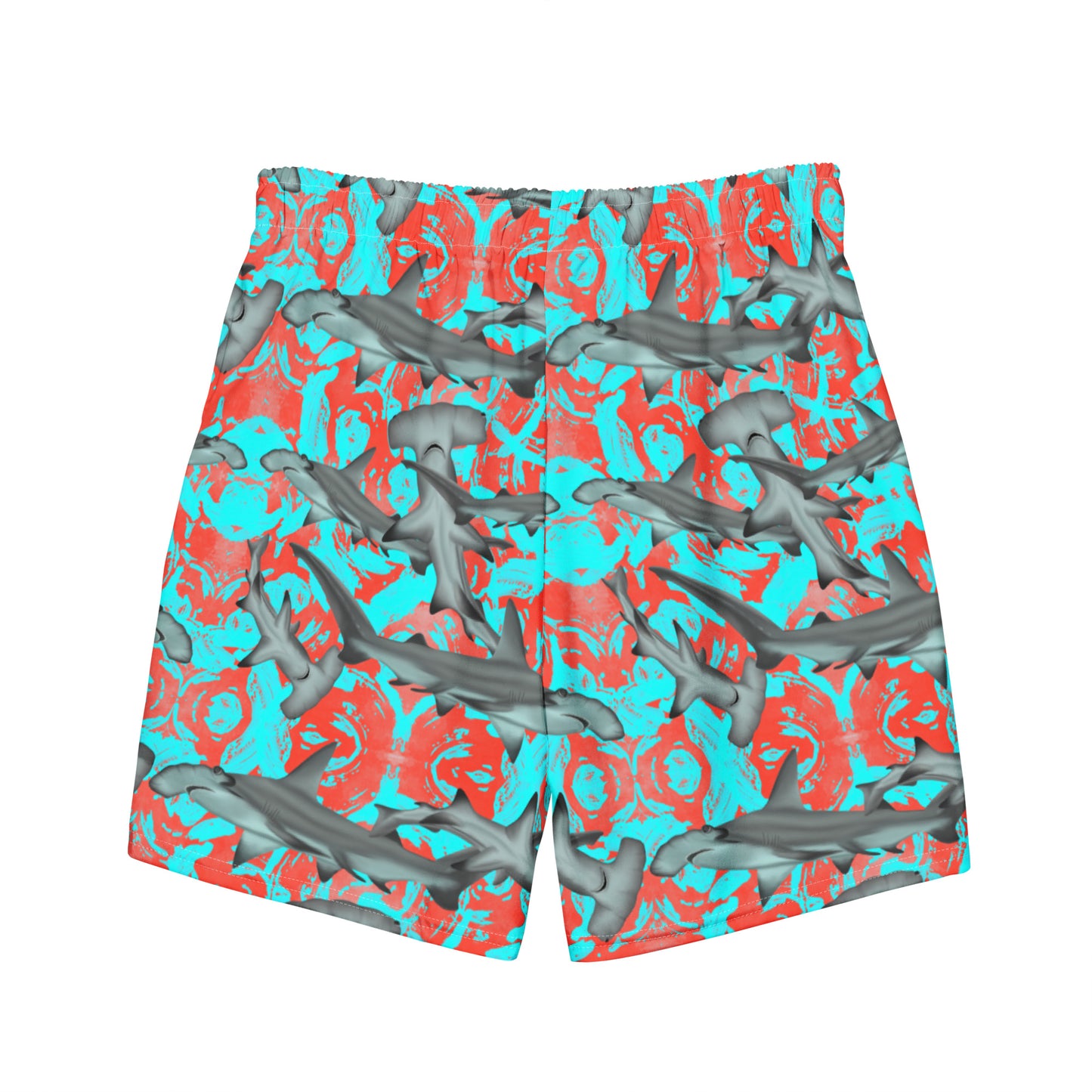 Fin & Fierce Hammerhead sustainable swim trunks blue and red background