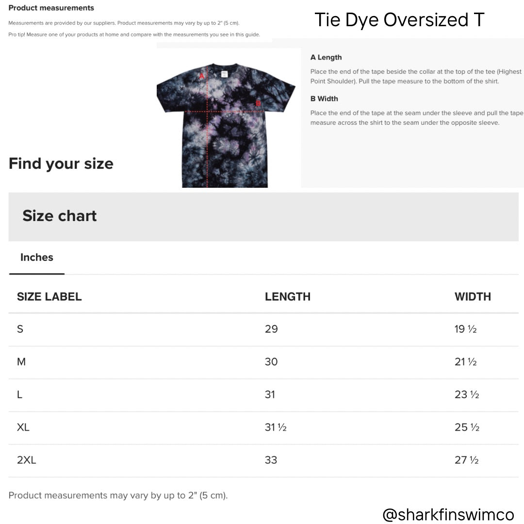 Size chart and product photo for a tie-dye oversized T-shirt. The image includes a small product photo of the shirt, instructions for measuring length and width, and a size table with labels S through 2XL, length, and width in inches.