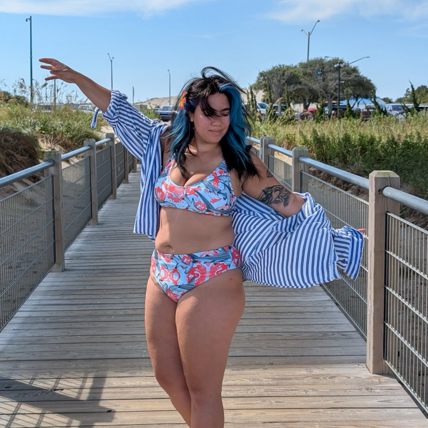 Fin & Fierce Hammerhead sustainable high waisted bikini blue and red background