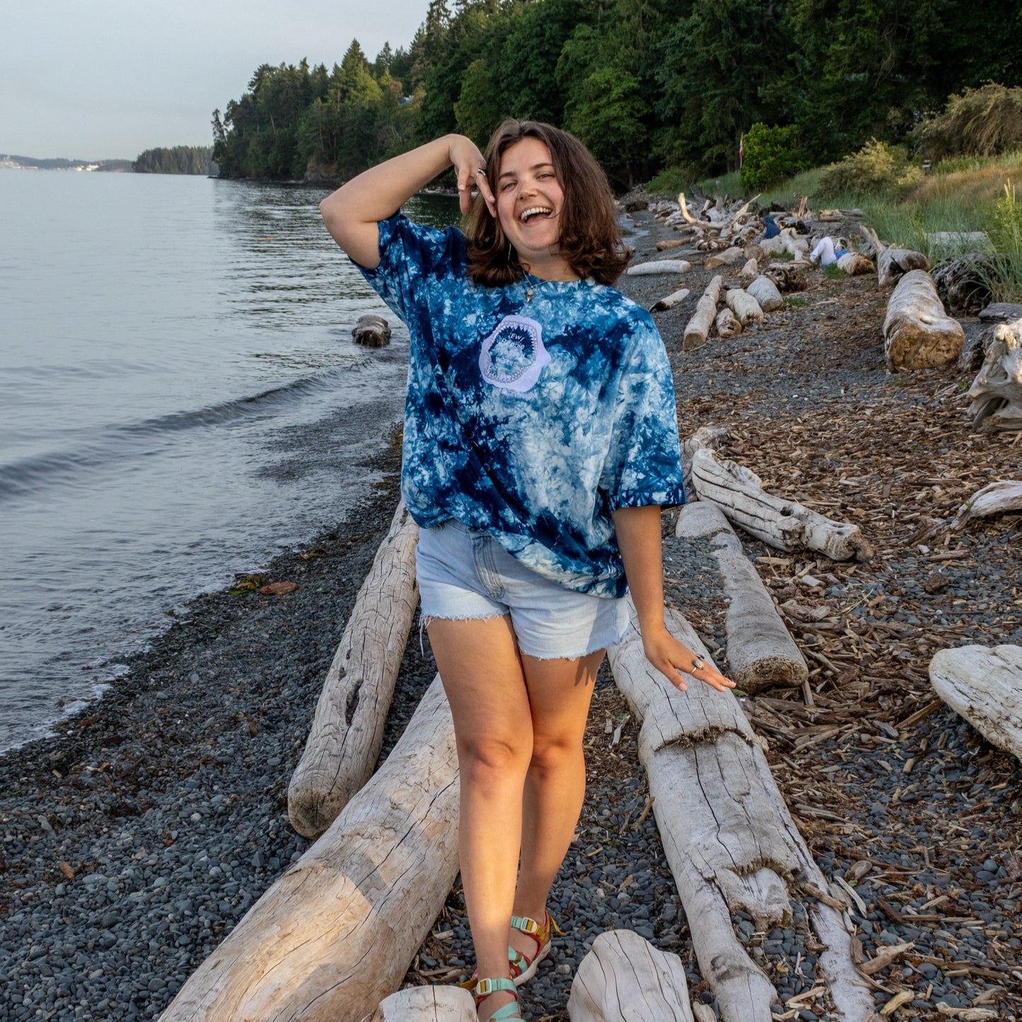 Navy and white to dye oversized t shirt with “ew people infested water” inside of a shark jaw embroidered on the front