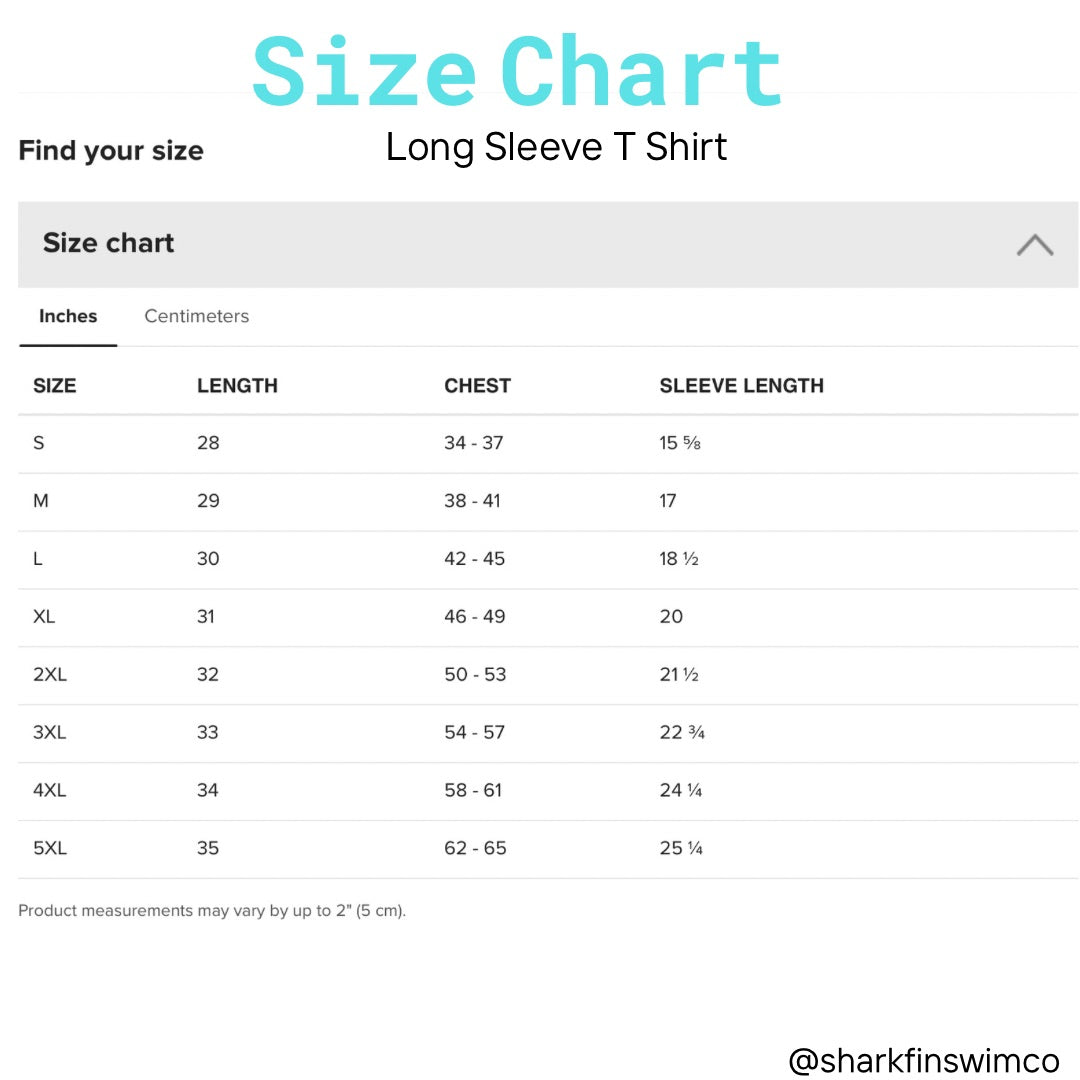 Long sleeve t shirt size guide in inches