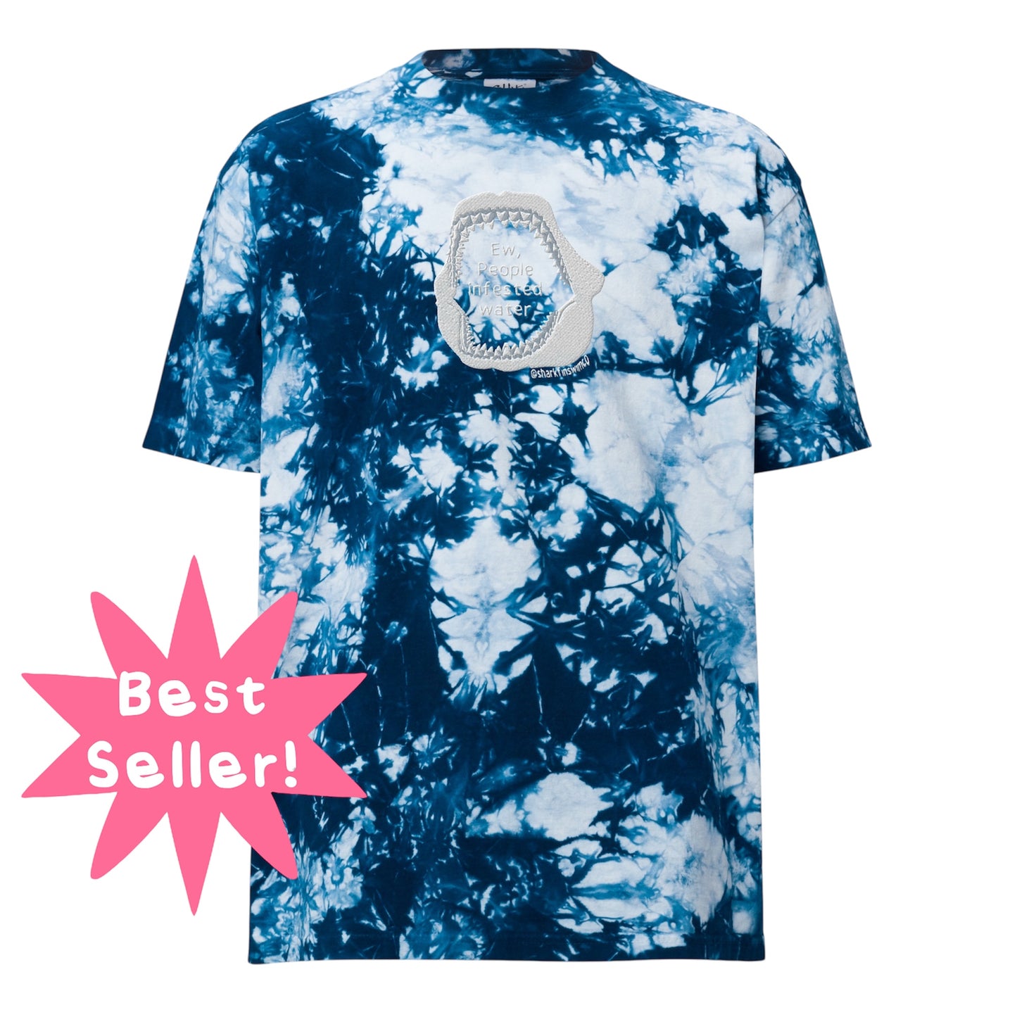 Navy and white to dye oversized t shirt with “ew people infested water” inside of a shark jaw embroidered on the front