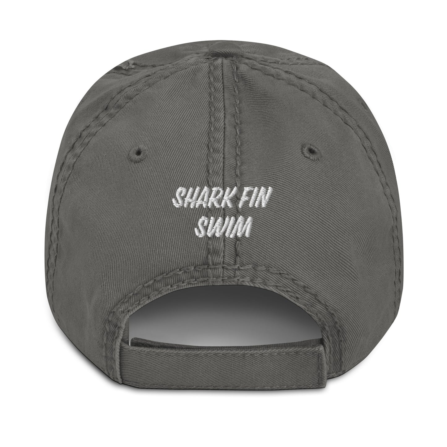 Eco-friendly distressed baseball cap with a shark fin as the A in “around” fin around and find out