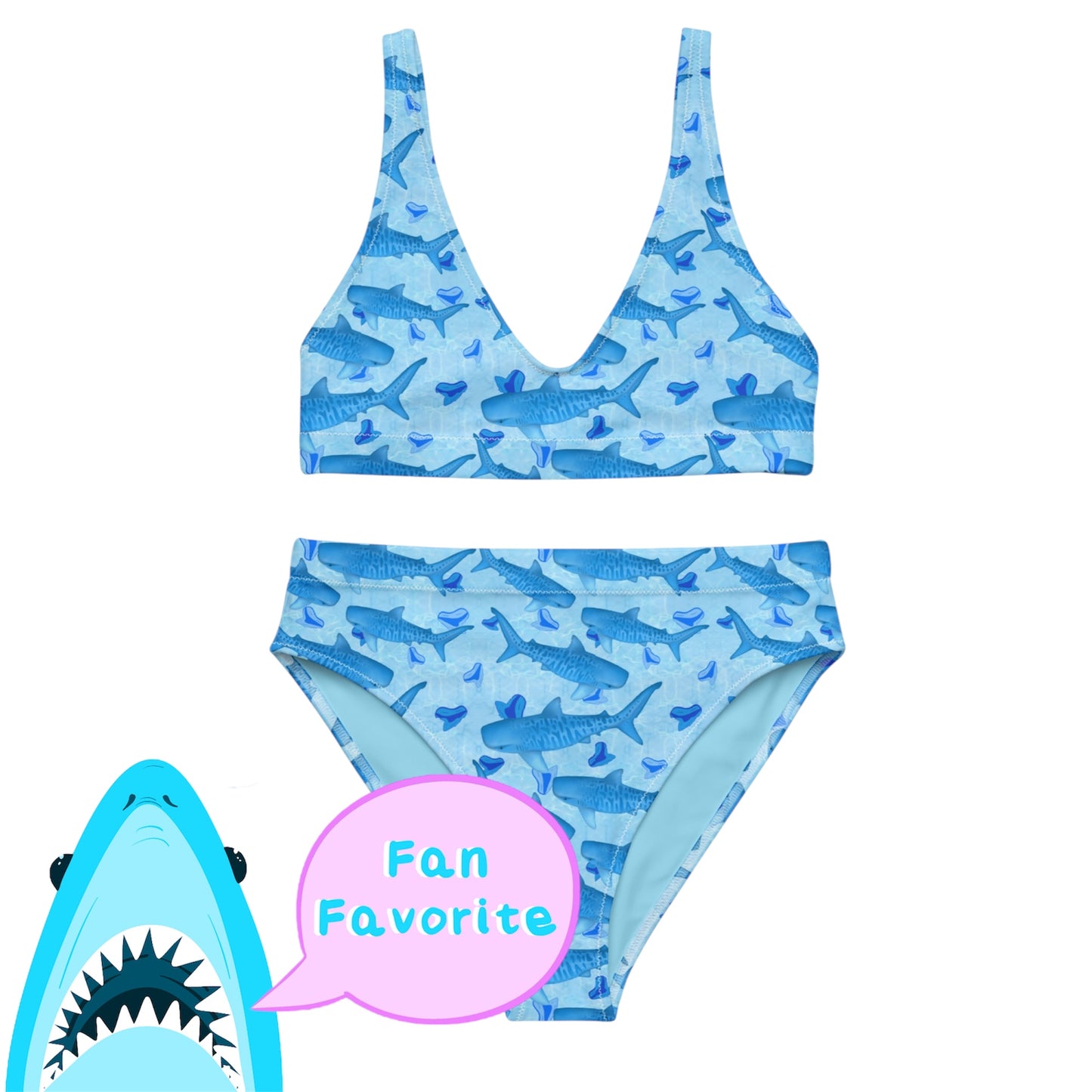 Baby blue waves and Sky Blue Tiger sharks swim around royal blue tiger shark teeth on our Tiger Beach Blues Recycled high waisted bikini