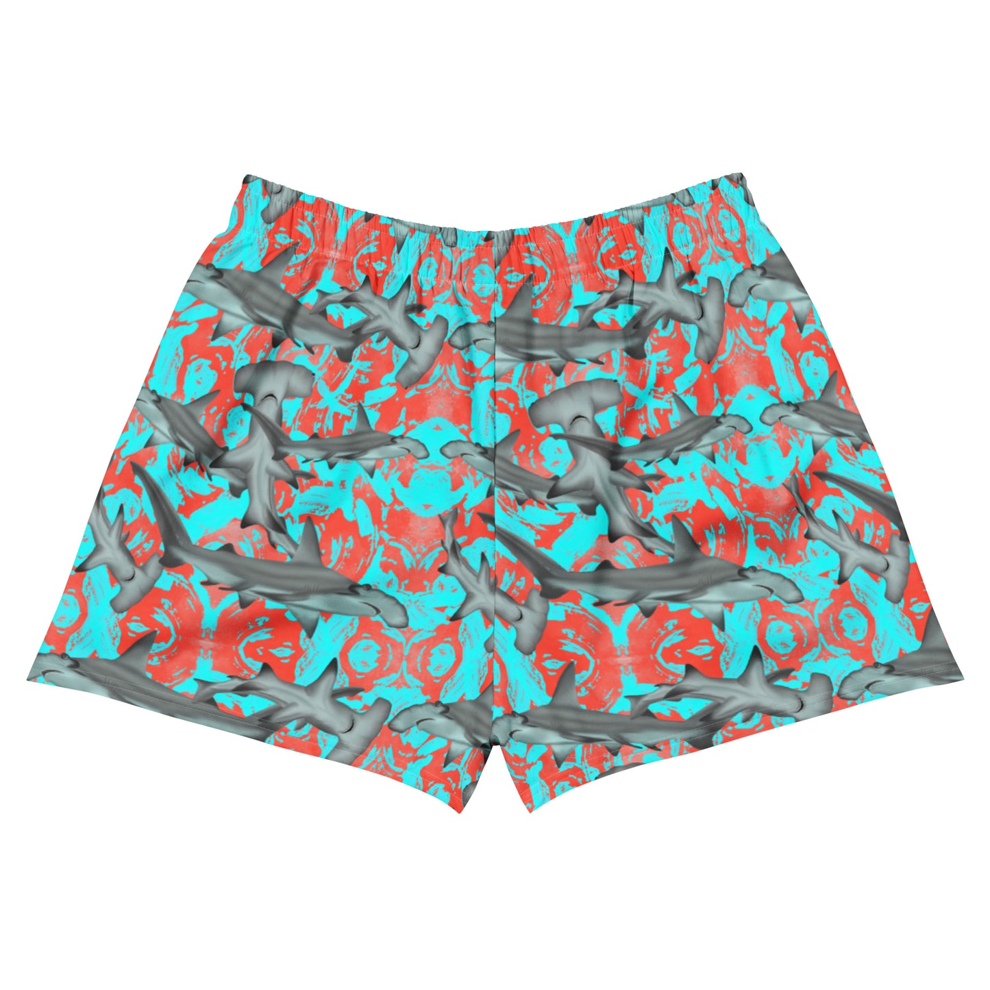 Fin & Fierce Hammerhead sustainable athletic short blue and red background