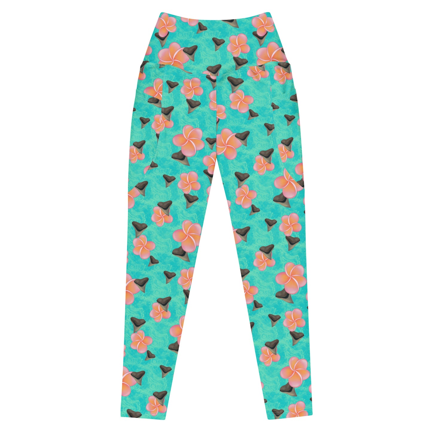 A teal and mint swirly background with Bull shark teeth and pinky orange plumeria flowers on our Shark Tooth Paradise Recycled Dive Leggings with pockets