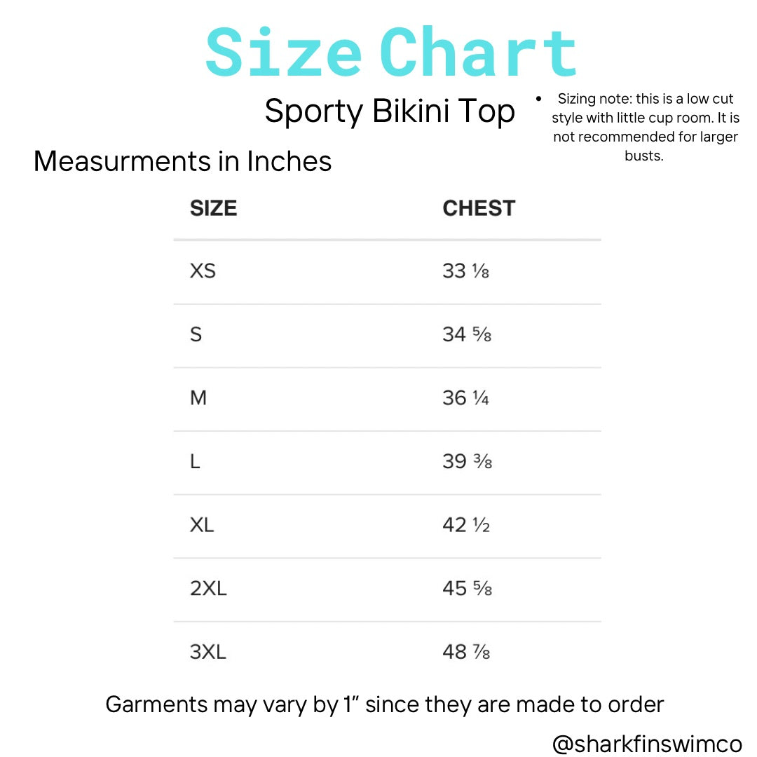 Sporty bikini top size chart in inches