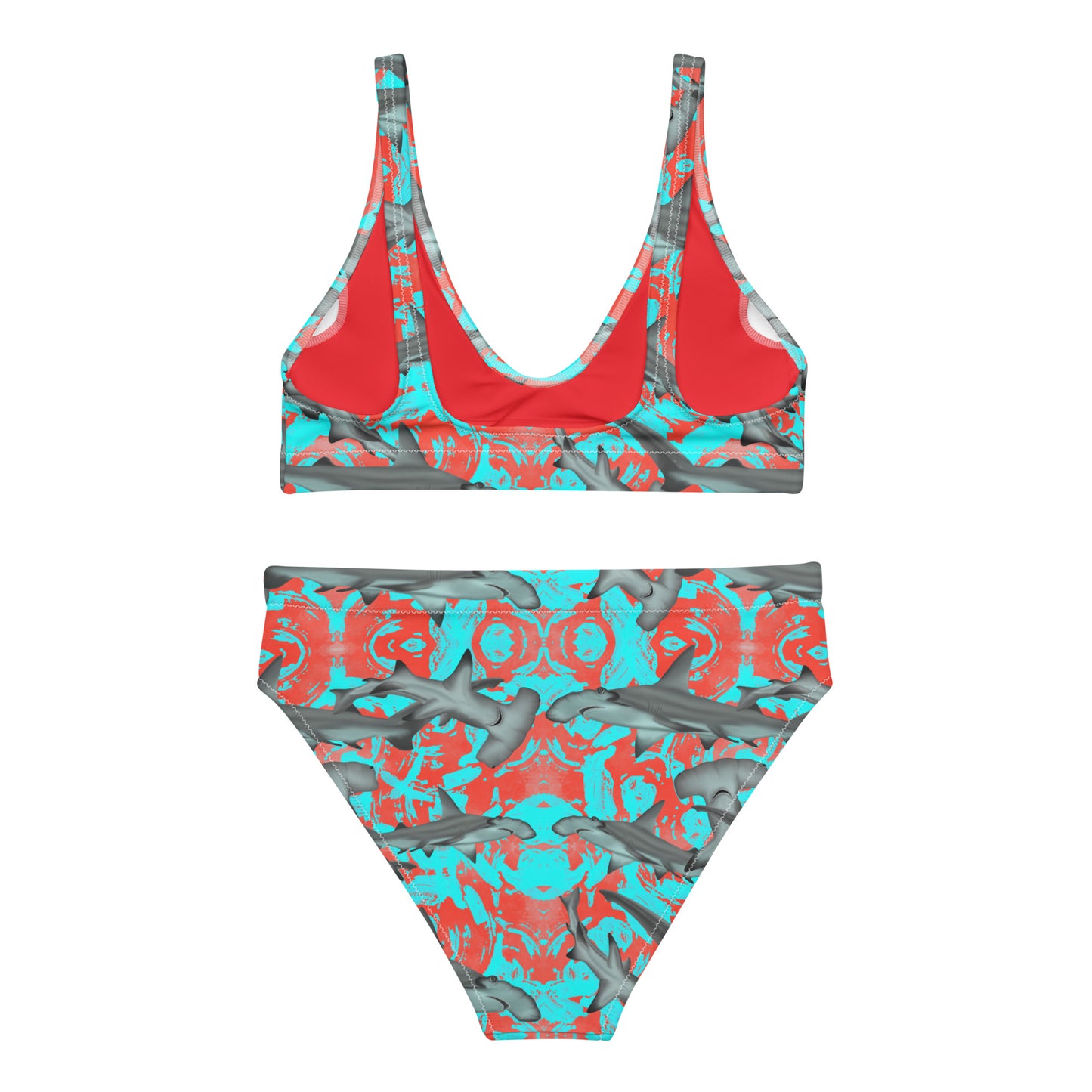 Fin & Fierce Hammerhead sustainable high waisted bikini blue and red background
