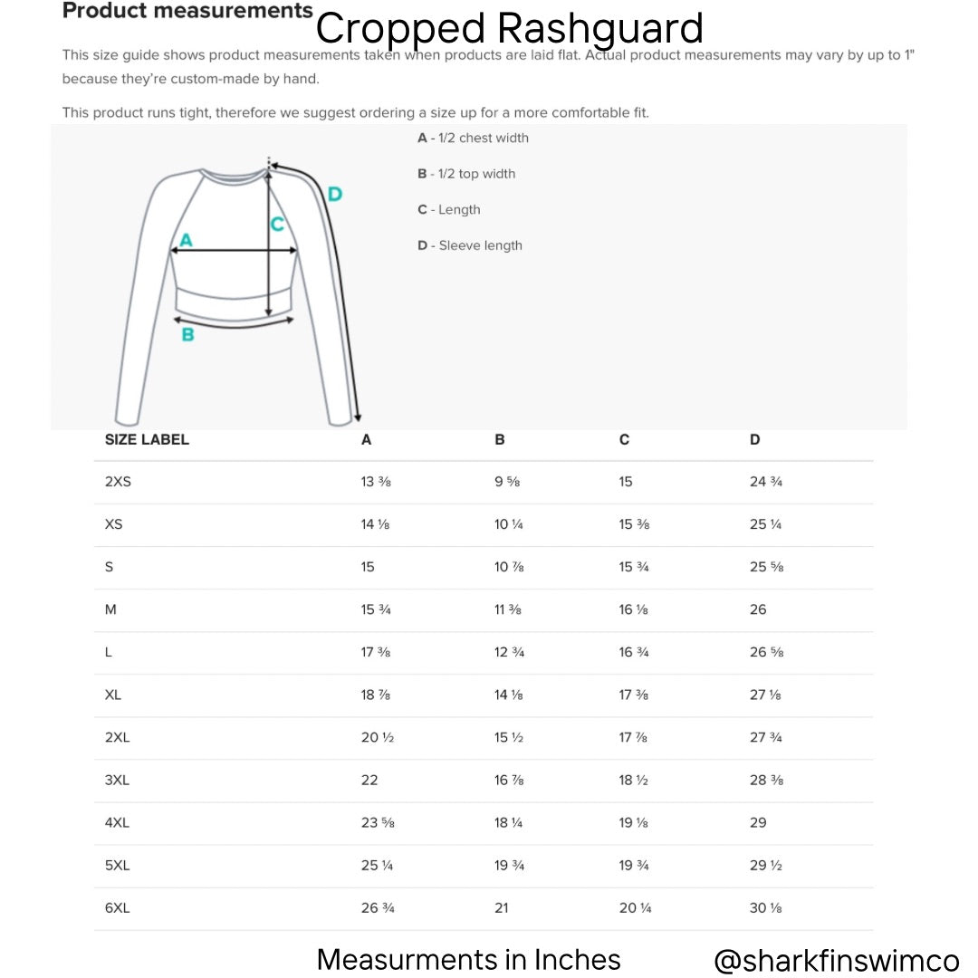 Cropped Rashguard product measurements in inches