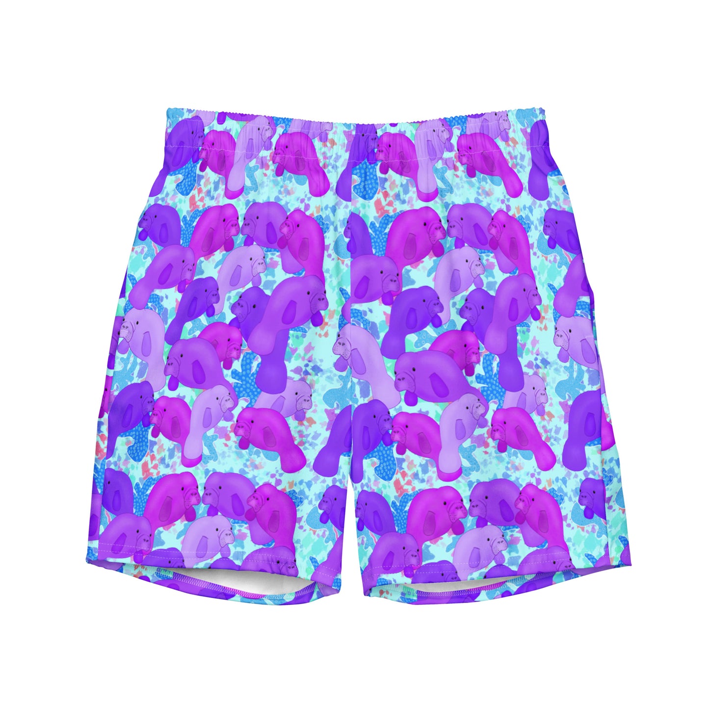 Purple manatees on a blue background of a sustainable swim trunks made with recycled fabric