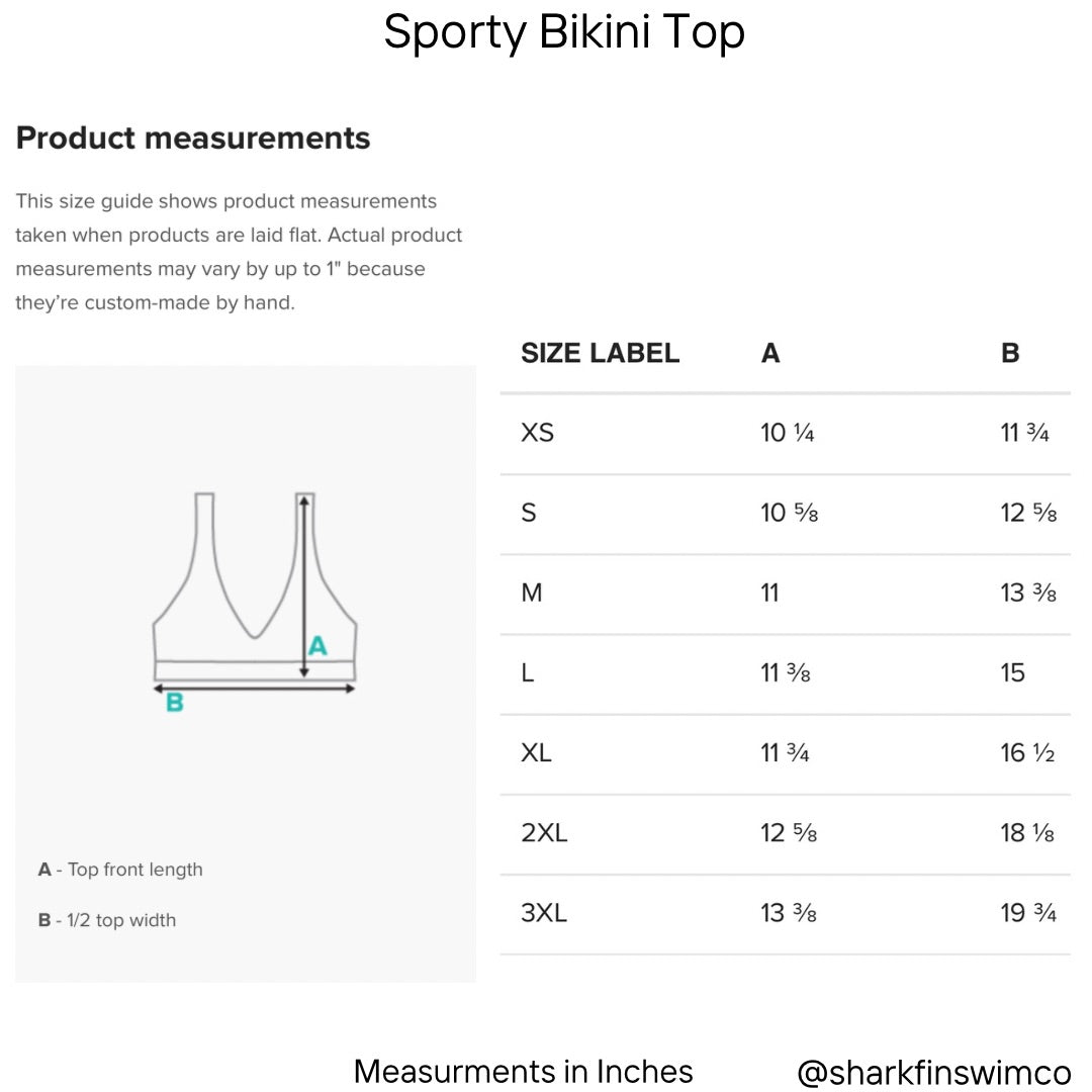 Sporty bikini top product measurements