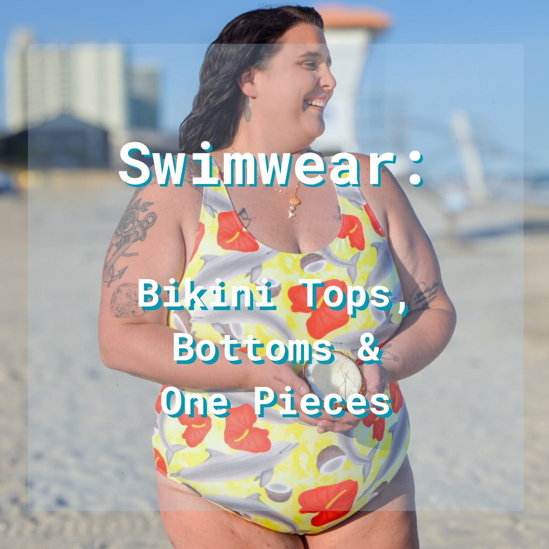 Text overlay for swimwear including bikinis and one pieces over an image of a woman in a colorful one piece on the beach
