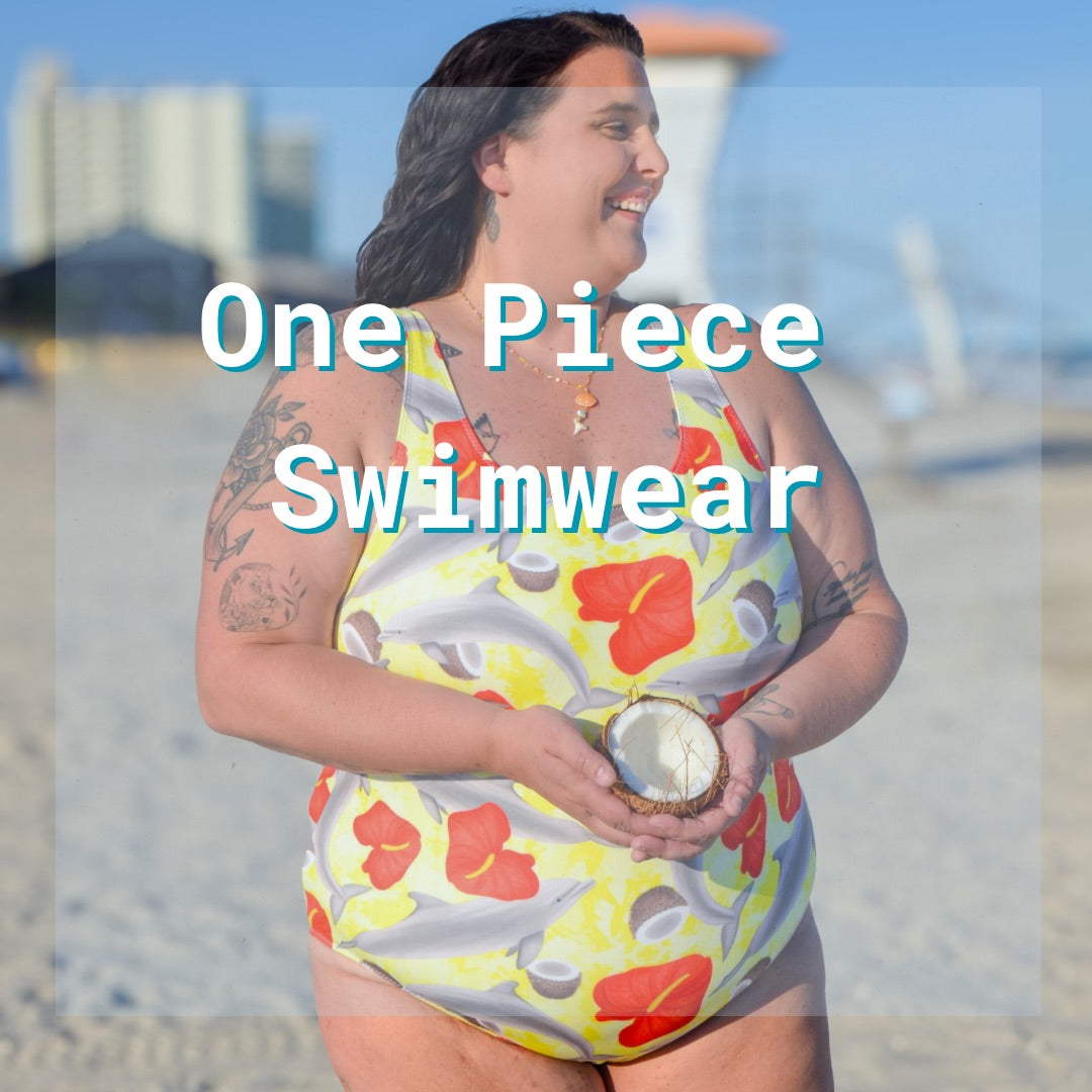 One piece swimwear tech graphic over a woman on a beach wearing a yellow dolphin swimsuit 