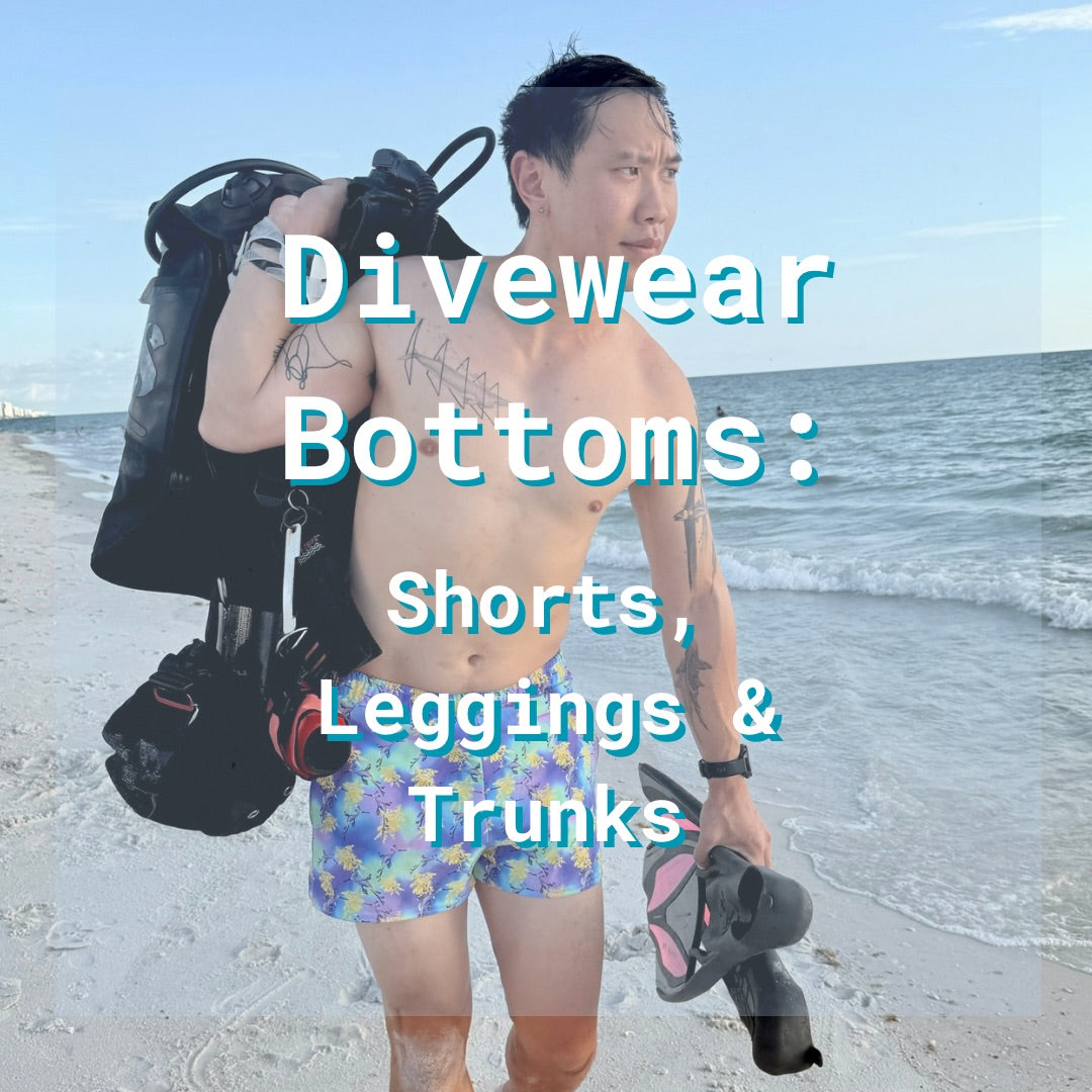 Divewear bottoms text overlay of a man on a beach wearing swim shorts 