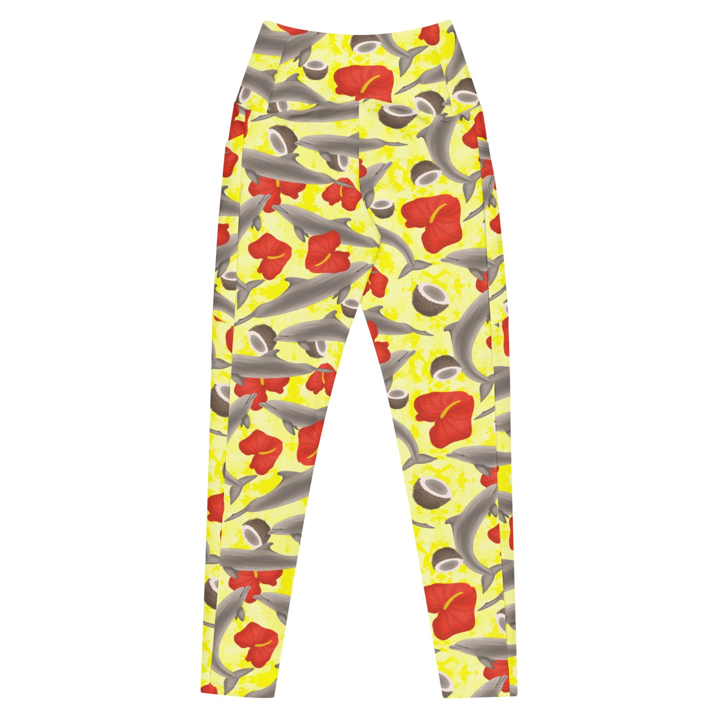 Leggings with dolphin and flower pattern on a white background