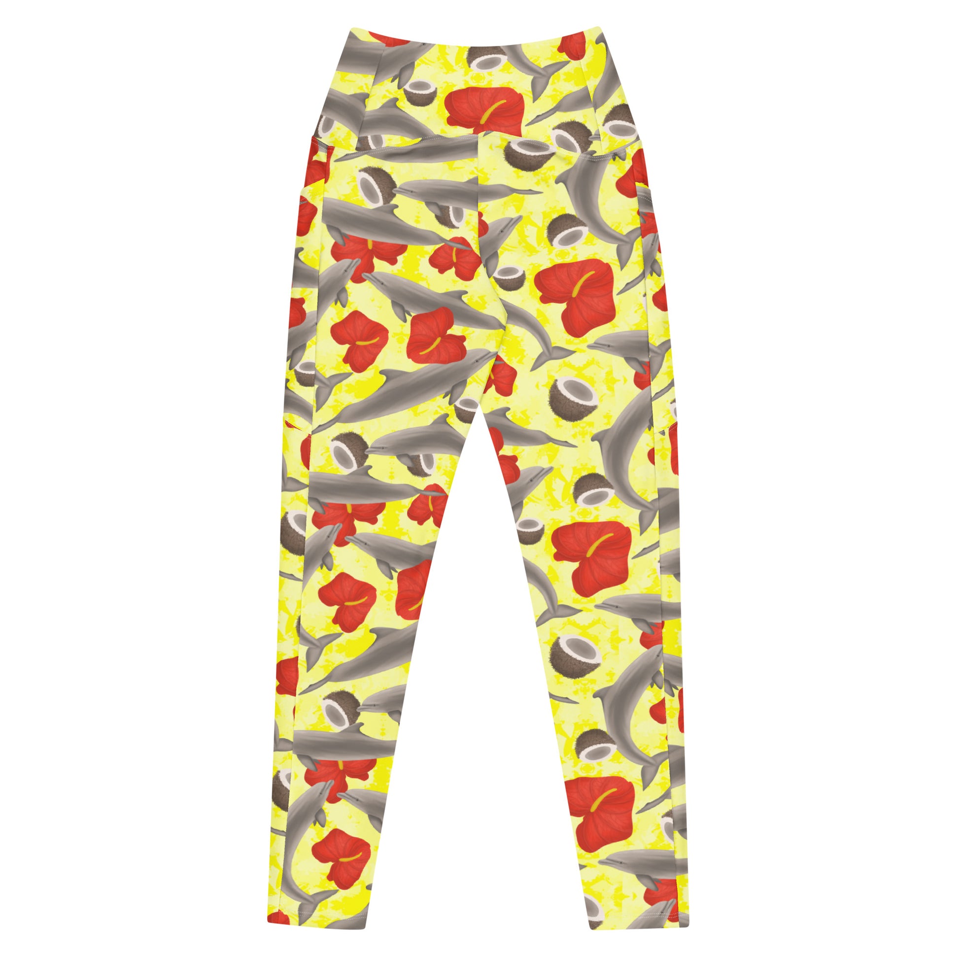 Leggings with dolphin and flower pattern on a white background