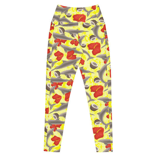 Leggings with dolphin and flower pattern on a white background