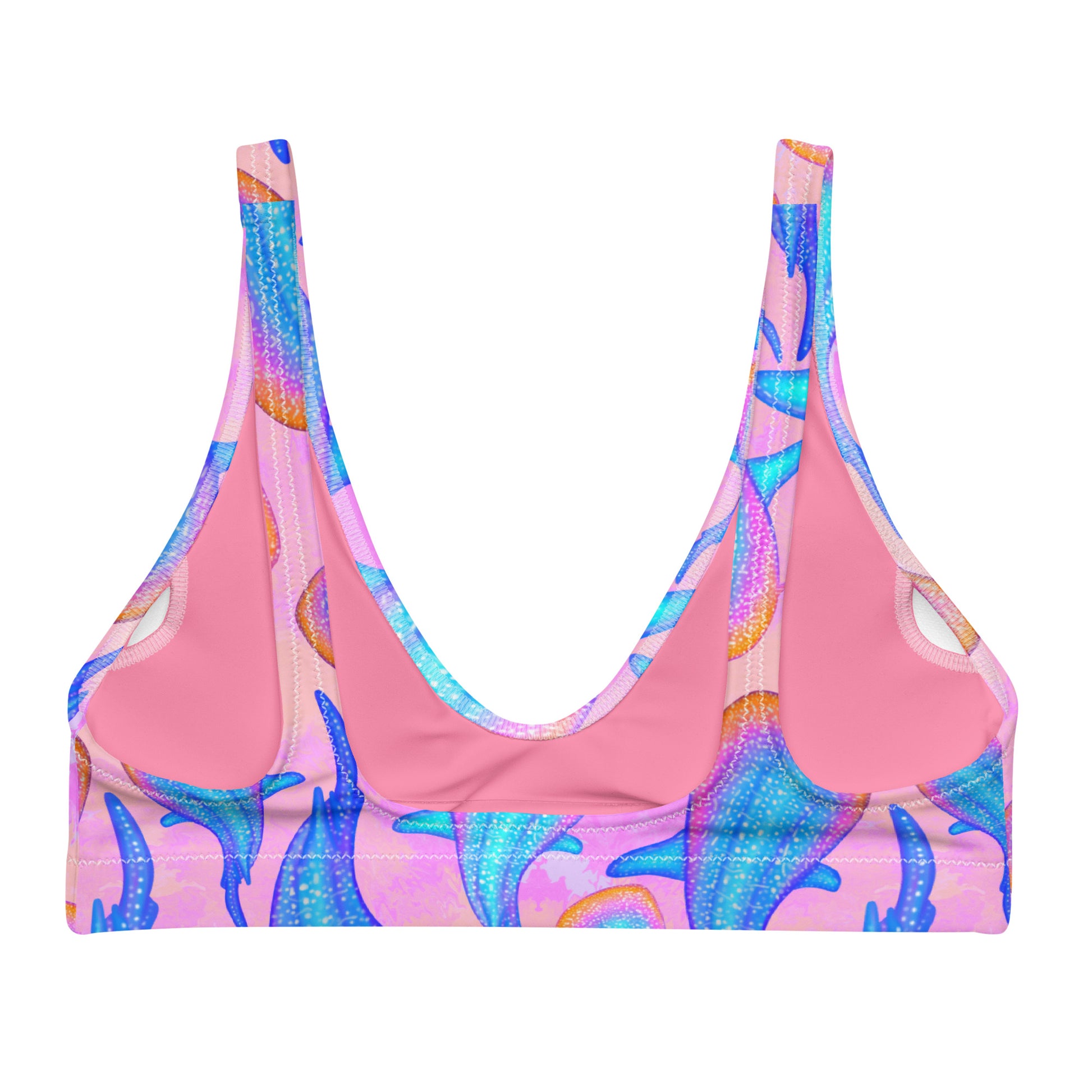 Rainbow whale sharks on pink and purple tie dye background eco sporty supportive bikini top 