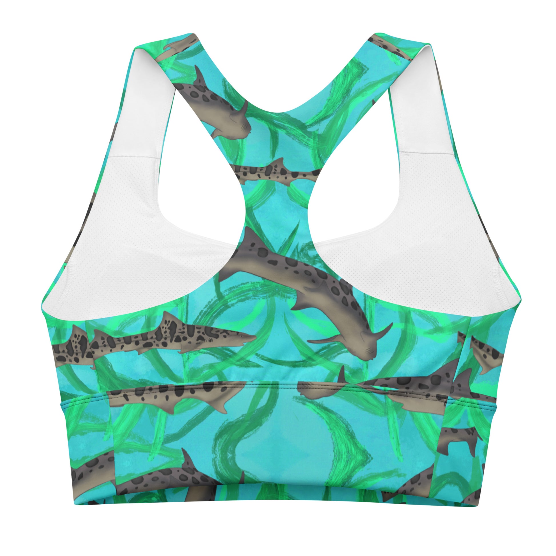 Blue and green sports bra with leopard sharks 