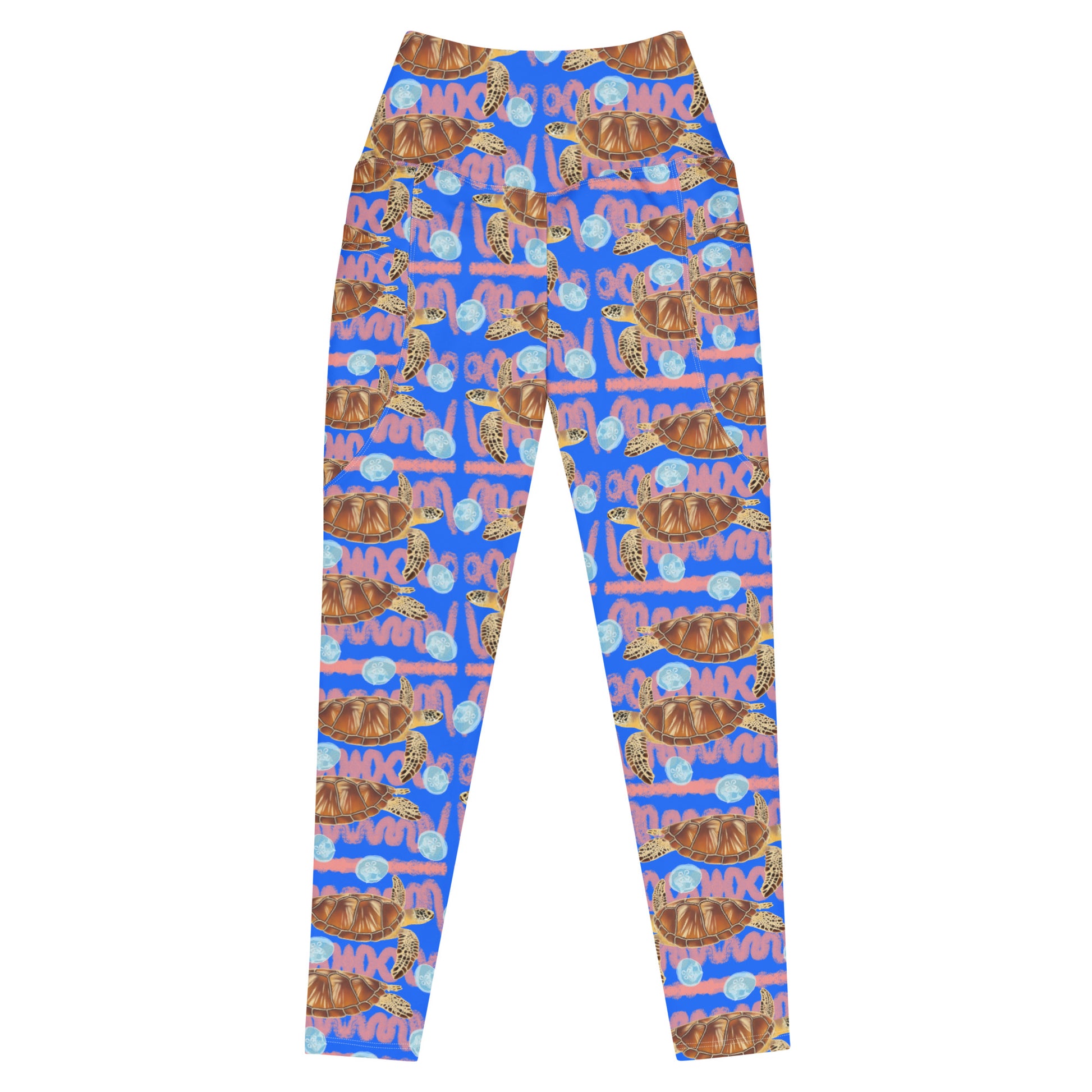 Royal blue and peachy background with sea turtles and moon jellyfish. Eco dive leggings