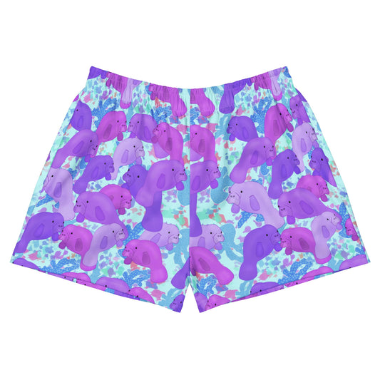 Purple manatees with blue color pops on swim shorts 