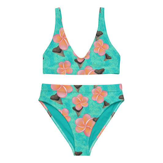 Shark tooth paradise high waisted bikini, teal with pink and orange plumeria flowers and Bull shark teeth 
