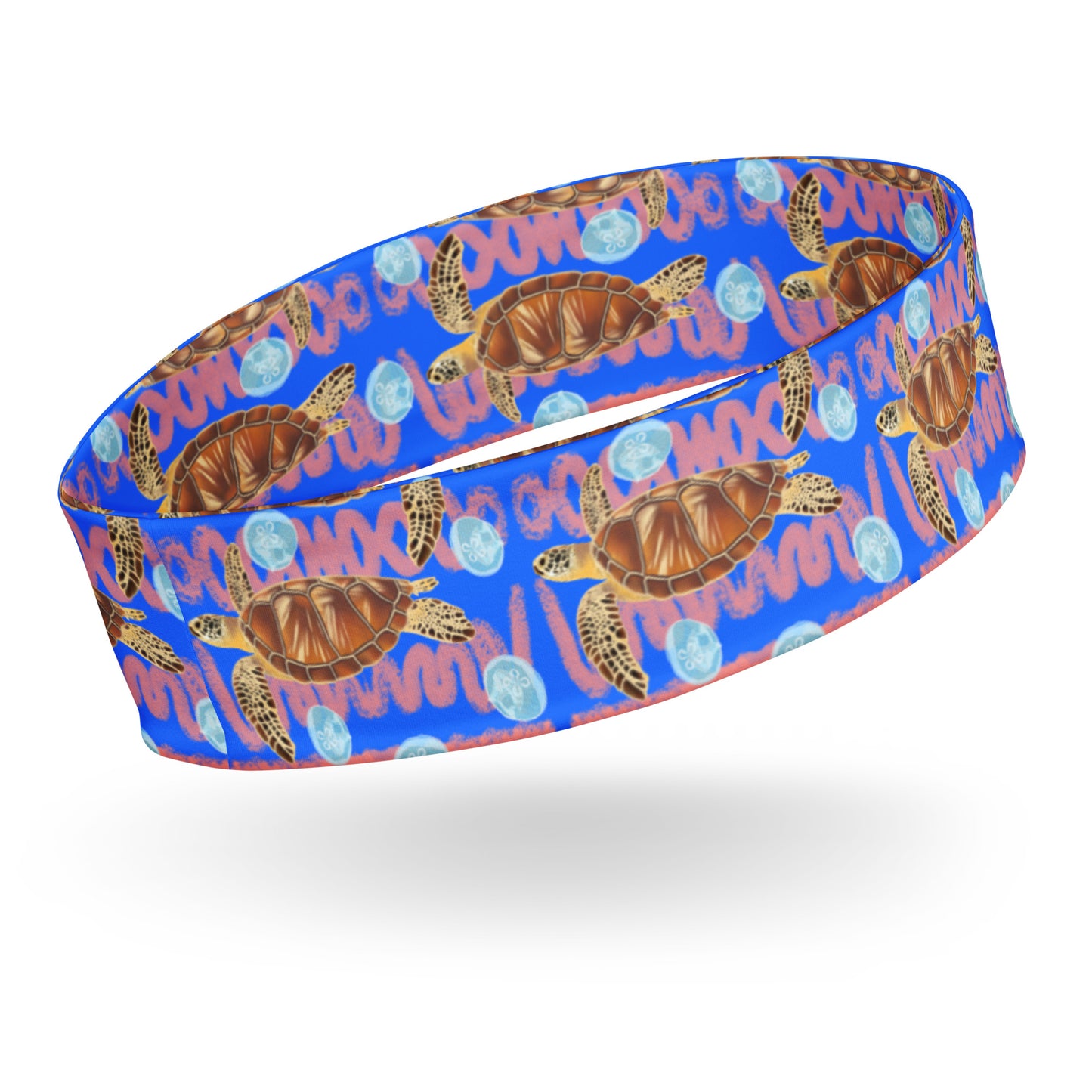 Royal blue and peachy background with sea turtles and moon jellyfish Eco dive headband