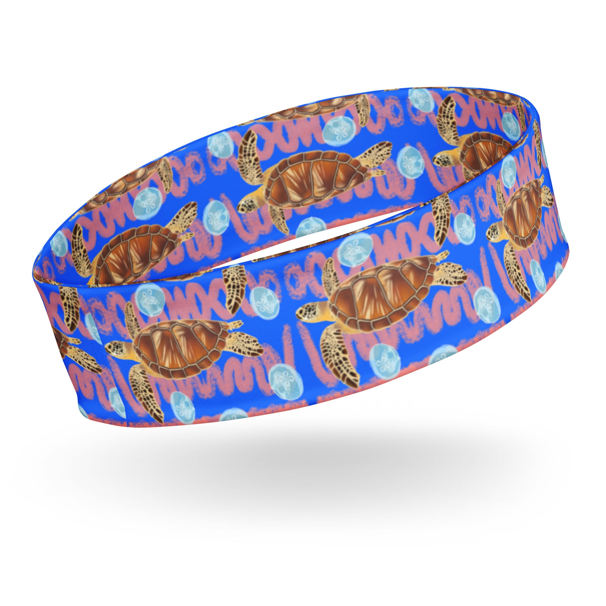 Royal blue and peachy background with sea turtles and moon jellyfish Eco dive headband