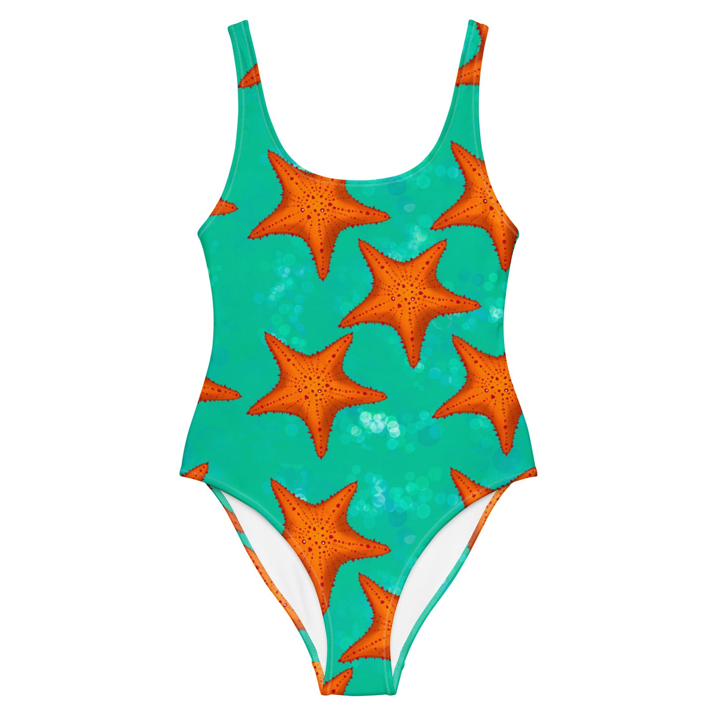 Green/teal one piece swimsuit with orange starfish 