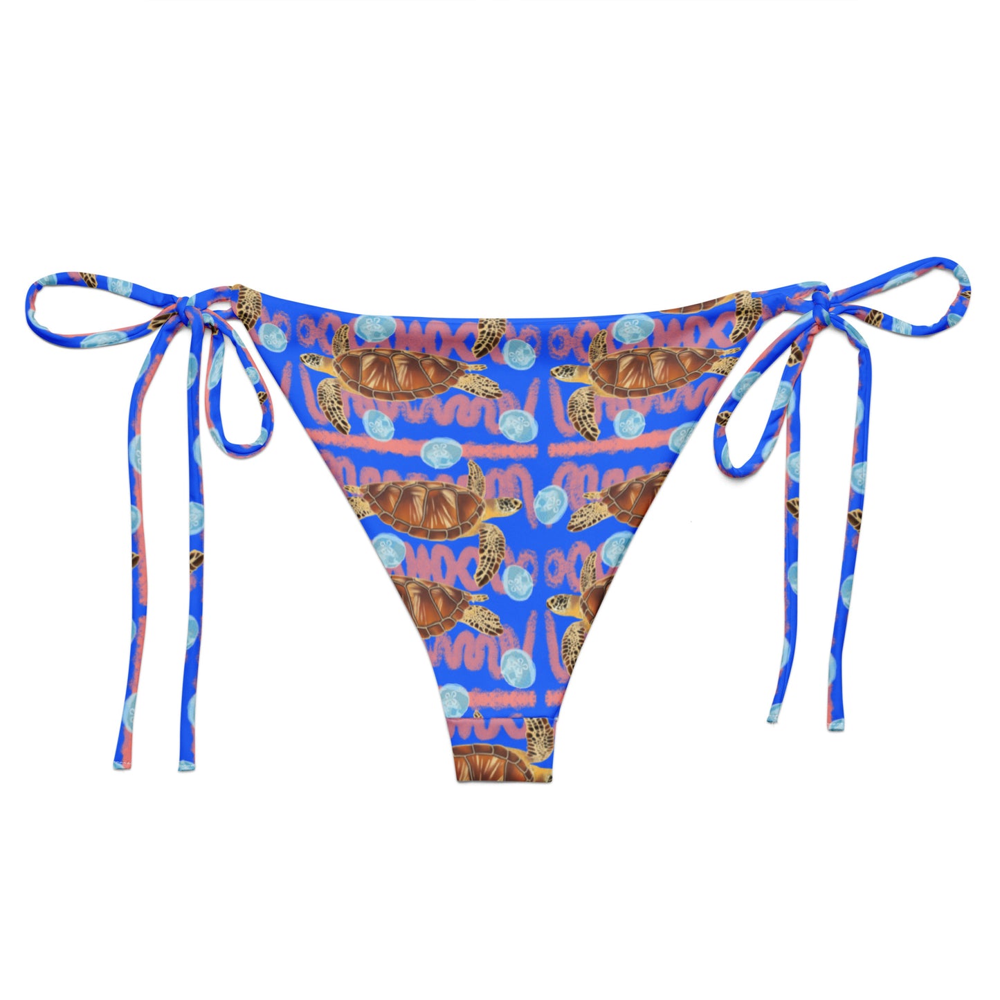 Royal blue and peachy background with sea turtles and moon jellyfish. Eco string bikini bottoms 