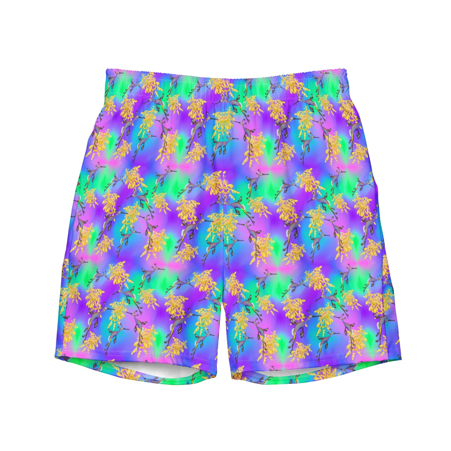 Green and purple swim trunks with sea dragons 