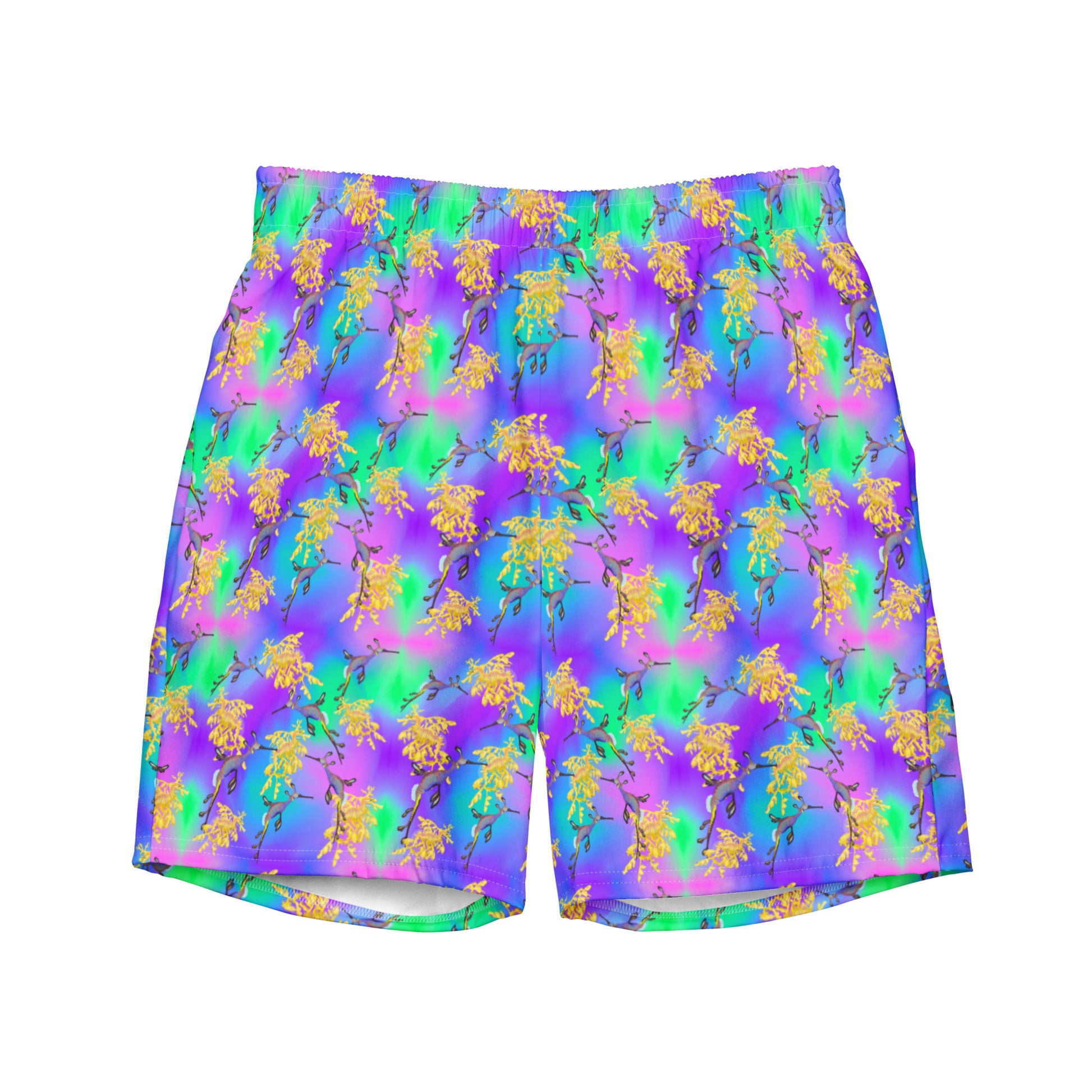 Green and purple swim trunks with sea dragons 
