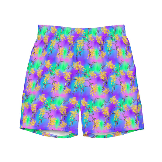 Green and purple swim trunks with sea dragons 
