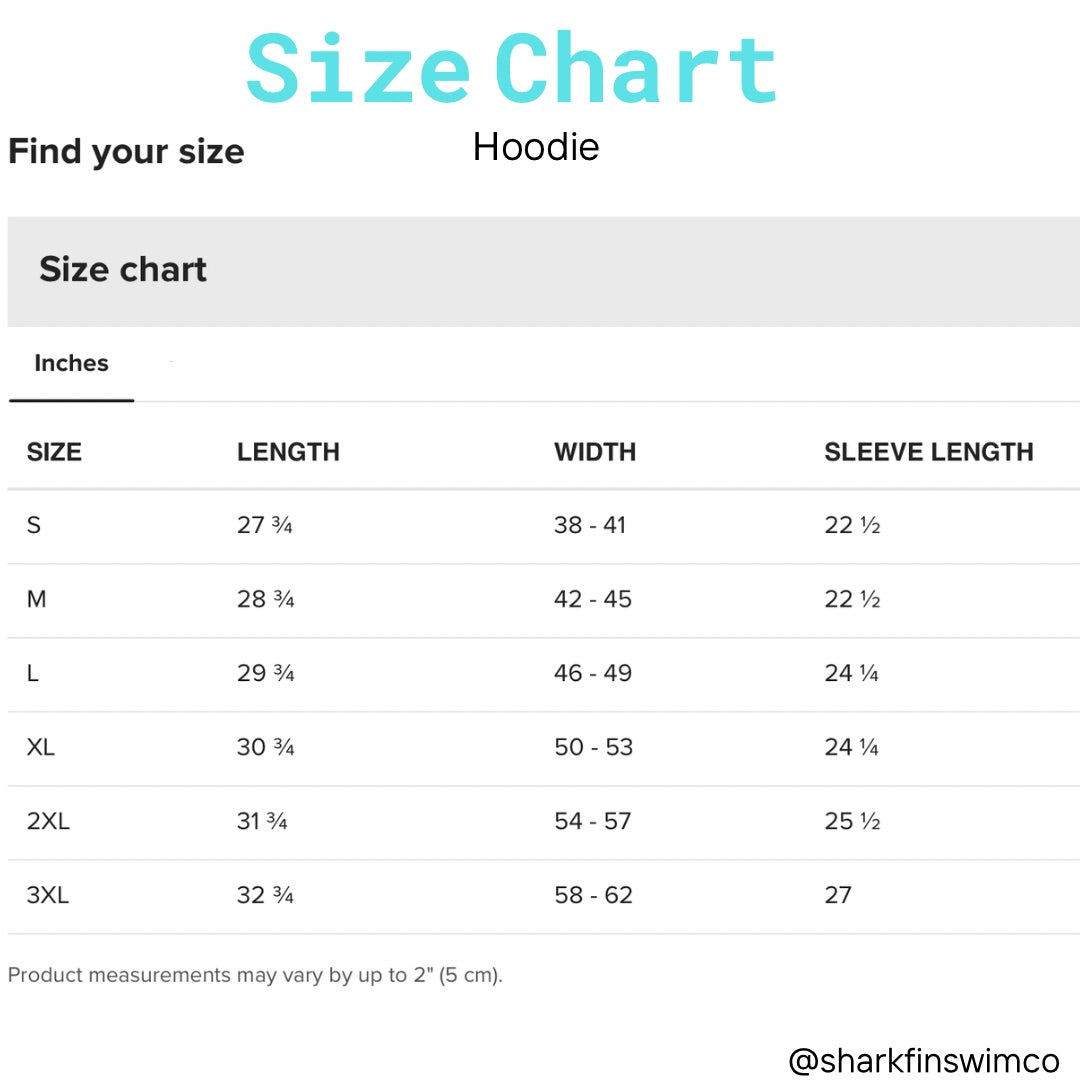 A size chart table for a hoodie listing, showing measurements in inches for sizes S through 3XL, including length, width, and sleeve length. The header reads 'Size Chart' and 'Find your size Hoodie' on a white background.