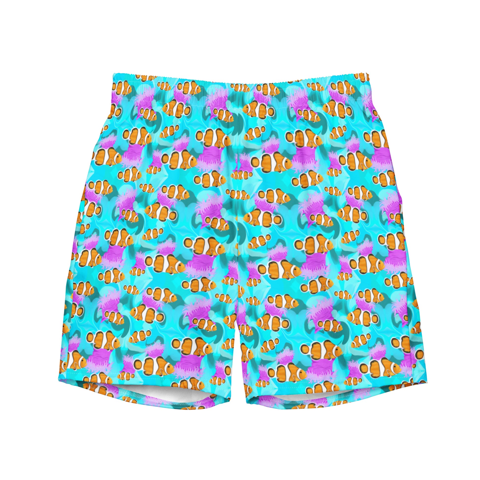 Colorful swim shorts with clownfish pattern on a white background