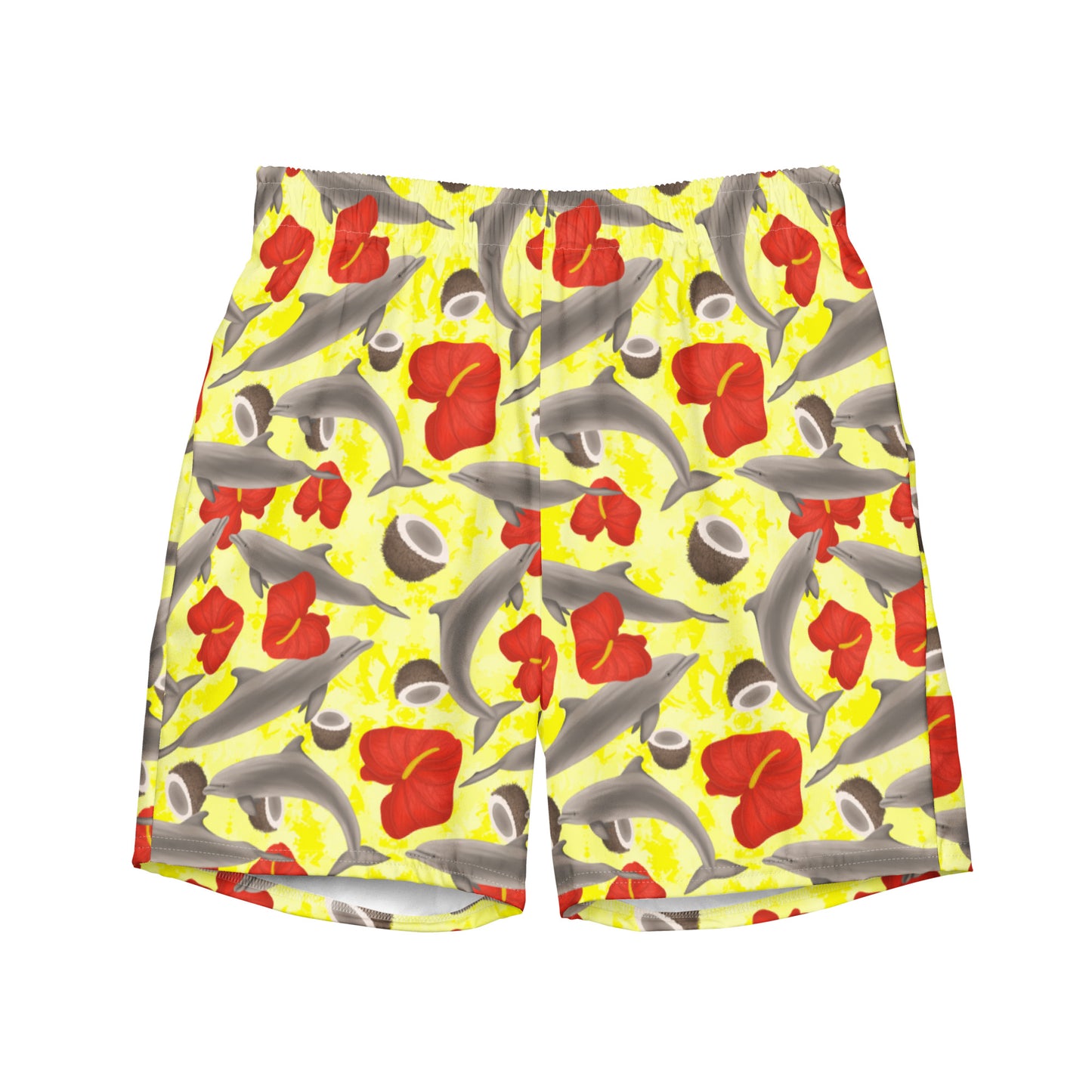 Yellow swim trunks with dolphins and red flowers 
