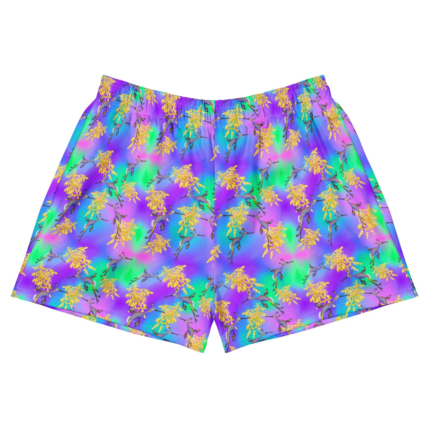Green and purple unisex swim shorts with sea dragons