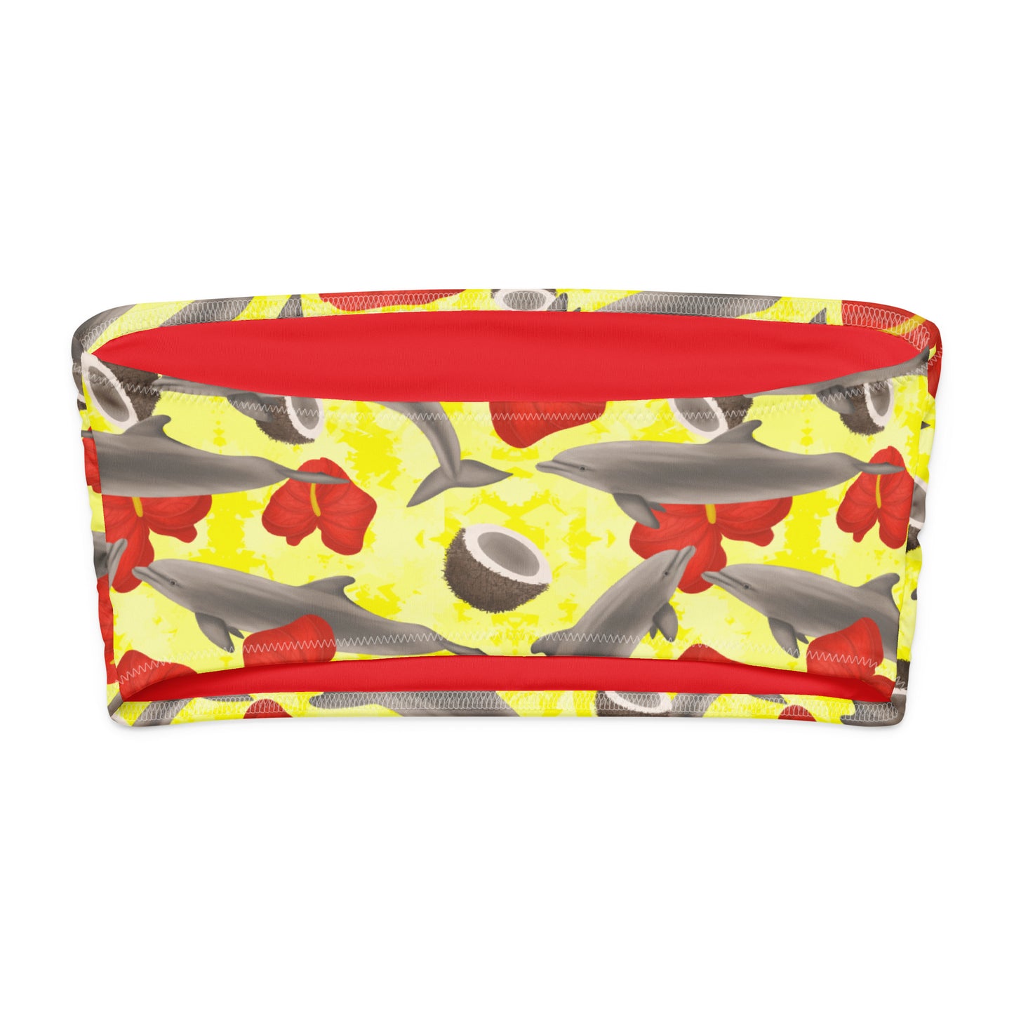 Bandeau bikini top with dolphin and flower pattern on a yellow background