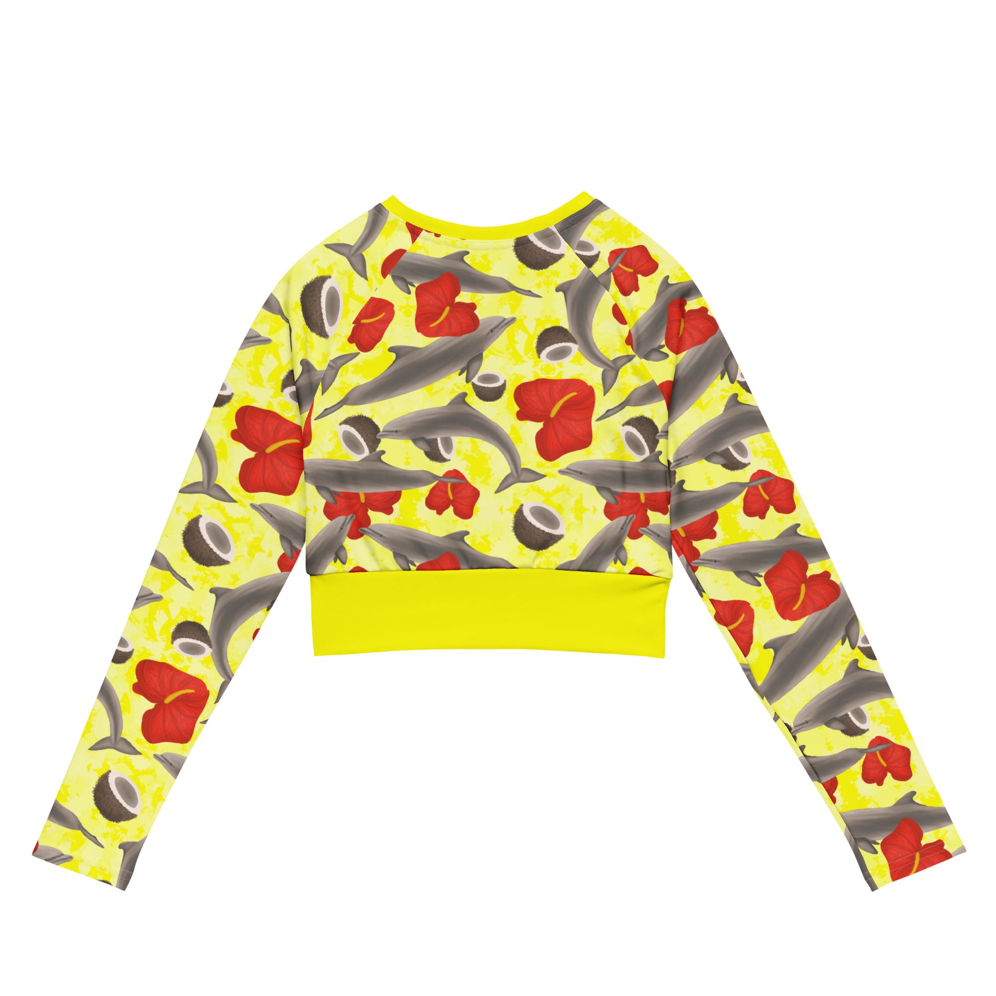 Yellow long-sleeve shirt with dolphin and flower pattern on a white background