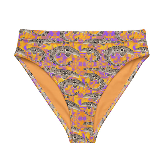 Epaulette Shark eco high waisted bikini bottom with orange and purple background