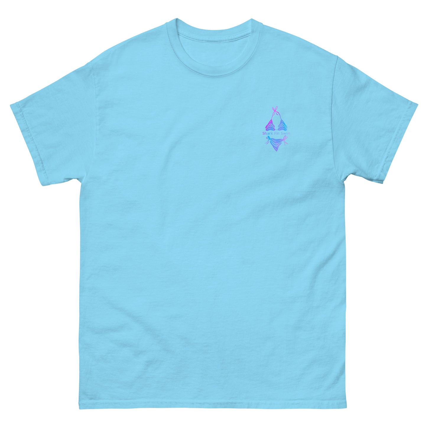 blue t shirt with colorful shark fin swim logo on right chest 