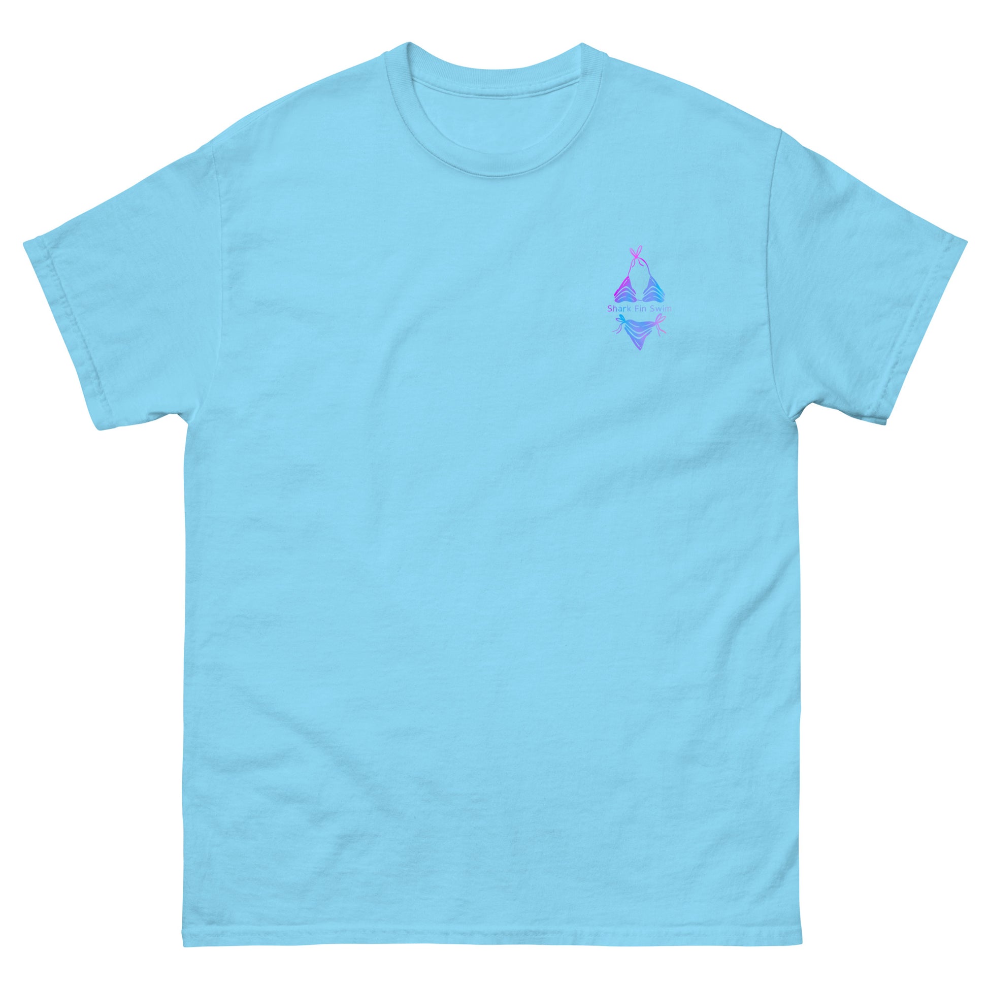 blue t shirt with colorful shark fin swim logo on right chest 
