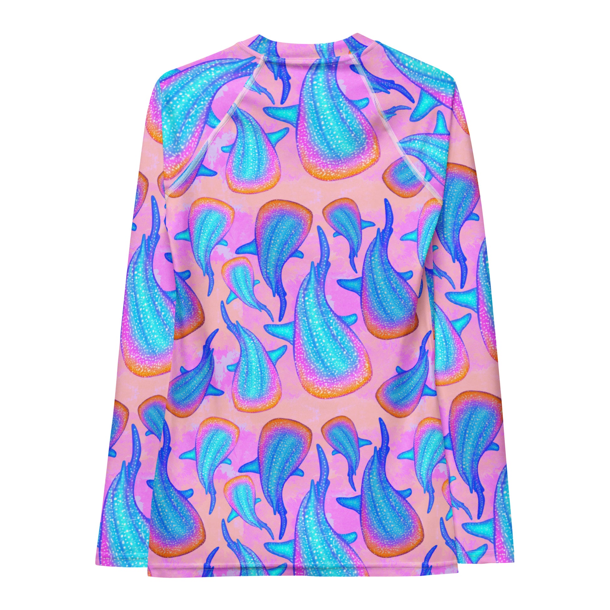 Pink long sleeve rashguard with rainbow whale sharks 